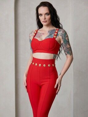 Fashion Nova ✦ Red Gold Embellished Pant Set ✦ Crop Top High‑Rise Skinny Pants S